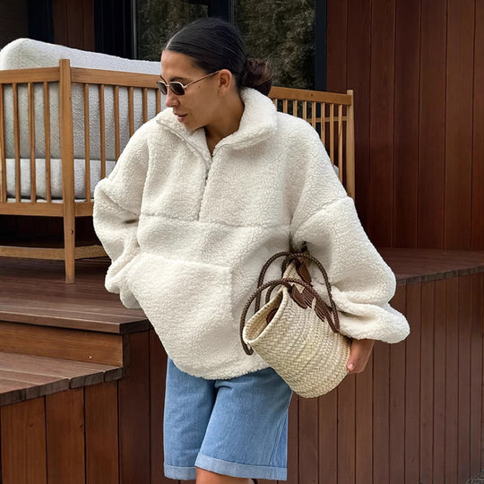 Damen Fleece-Pullover mit hohem Kragen und seitlichen Taschen EB