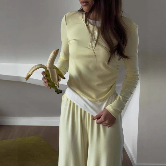 Damen Loungewear-Set aus weichem Modal mit Henley-Knopfleiste und weitem High-Waist Jogger EB