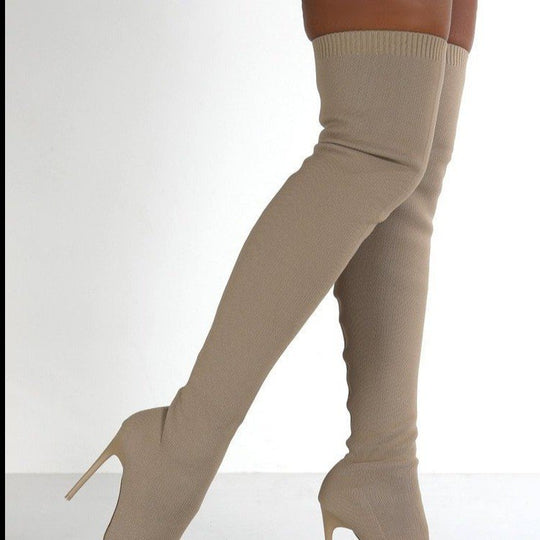Damen Overknee Stiefel mit Elegantem Absatz und Hochwertiger Strickstruktur EB