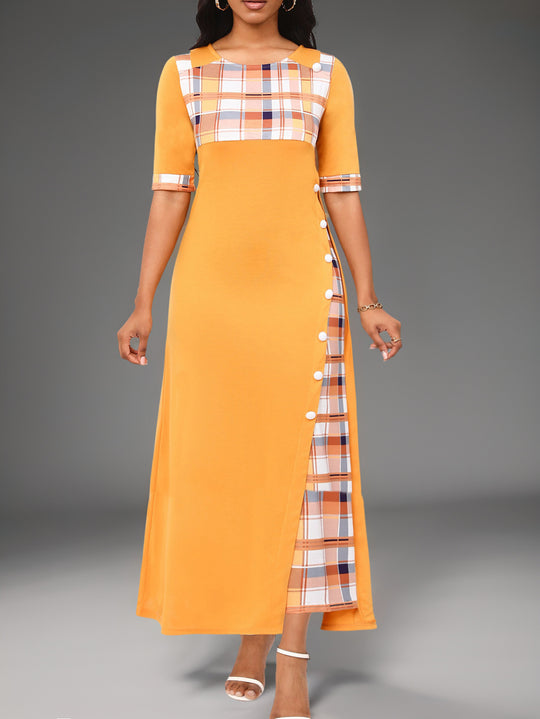 Damen Maxi-Kleid mit modischem Karomuster und geschmackvollen Knopfdetails EB