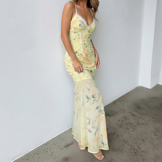 Damen Blumen Maxikleid mit raffinierten Spaghettiträgern und Spitzen-Akzenten EB