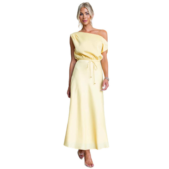 Damen Maxi-Kleid mit schulterfreiem Design und elastischem Taillenbund EB