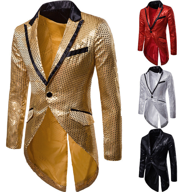Herren nan elegantes Paillettensakko mit Schwalbenschwanz, Samtkragen und tailliertem Schnitt EB