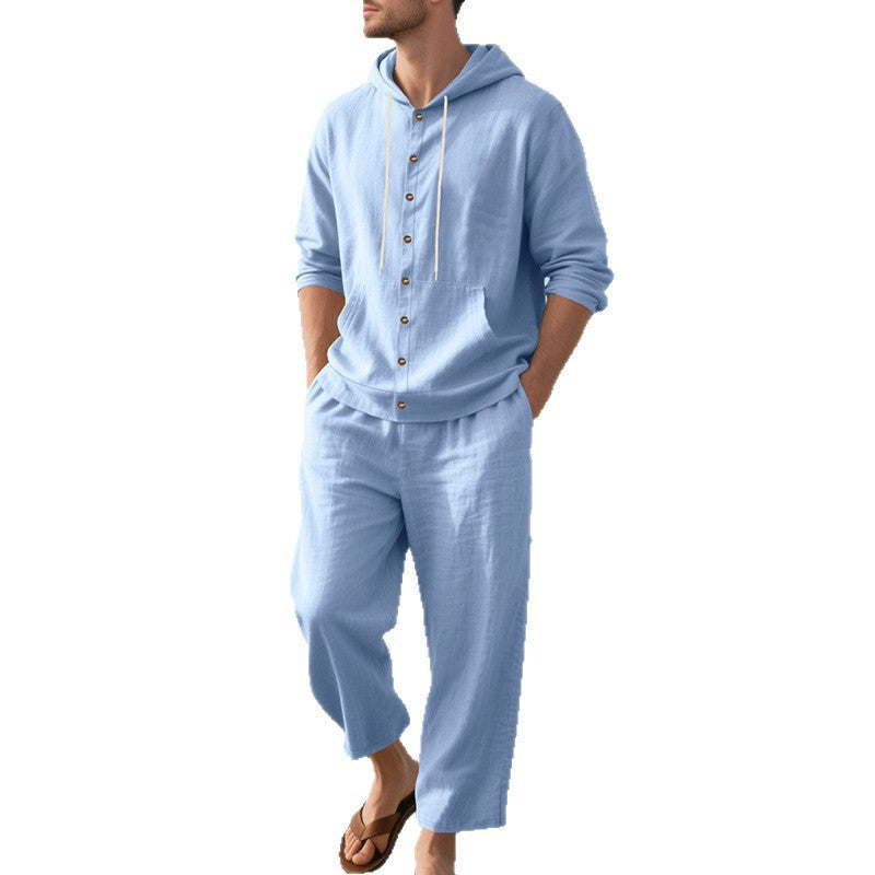 Herren nan legeres Leinen-Baumwoll-Ensemble mit Kapuzen-Oberteil und durchgehender Knopfleiste, Kängurutasche und knöchellanger weiter Hose EB