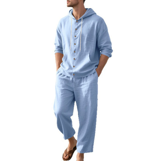 Herren nan legeres Leinen-Baumwoll-Ensemble mit Kapuzen-Oberteil und durchgehender Knopfleiste, Kängurutasche und knöchellanger weiter Hose EB