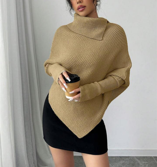 Damen Asymmetrischer Rippenstrick-Poncho mit hohem Rollkragen und verlängerten Ärmeln EB