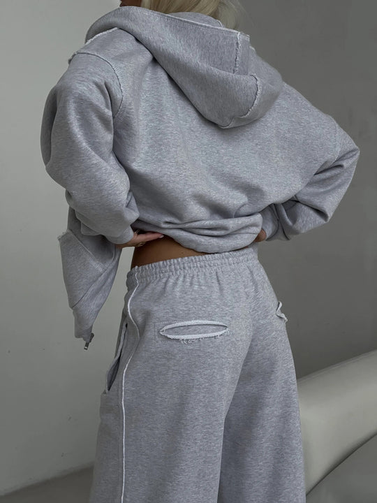 Damen oversized kurz geschnittener Kapuzenpullover und hochtaillierte Jogginghose Set aus Bio-Baumwollfleece EB