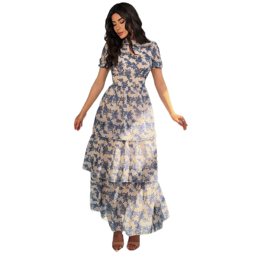 Damen Blumenkleid mit schickem Stehkragen und durchscheinenden Ärmeln EB