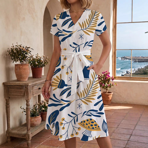 Damen lässiges Kleid mit modernem Leoprint und taillierbarem Gürtel EB