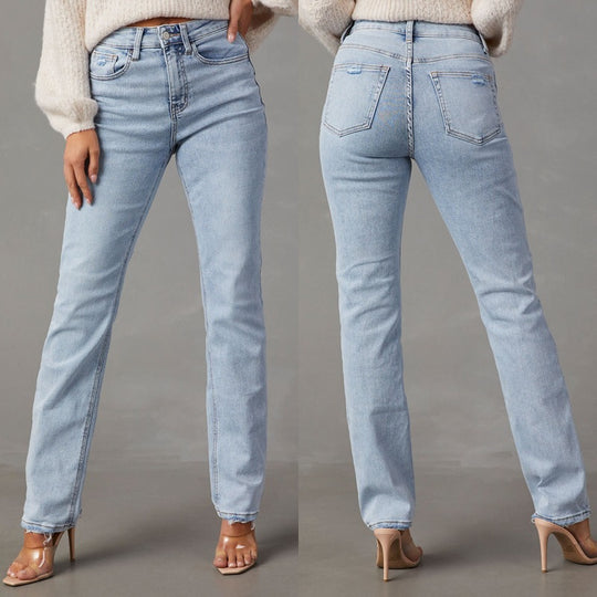 Damen High-Waist Jeans mit lässigem Schnitt und ausgefranstem Saum EB