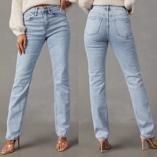 Damen High-Waist Jeans mit lässigem Schnitt und ausgefranstem Saum EB