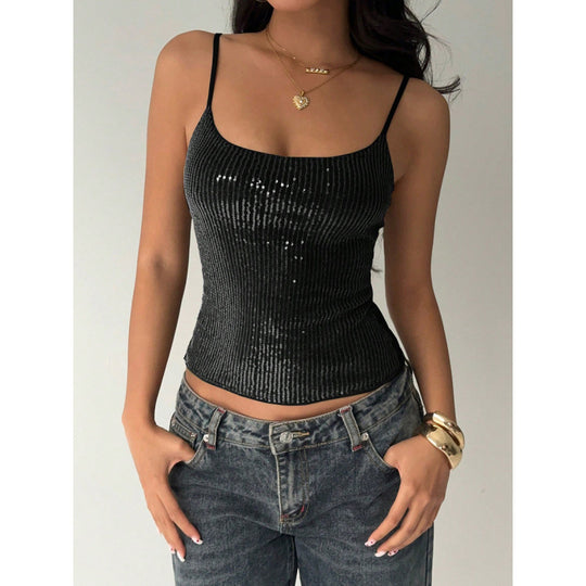 Damen Elegantes Spaghetti-Träger-Top mit Pailletten und figurbetontem Schnitt EB