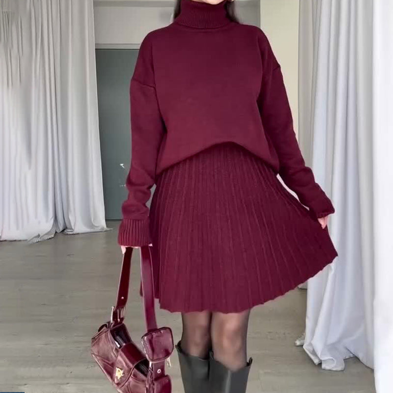 Damen Elegantes Strickensemble mit Rollkragen und fließendem Rock EB