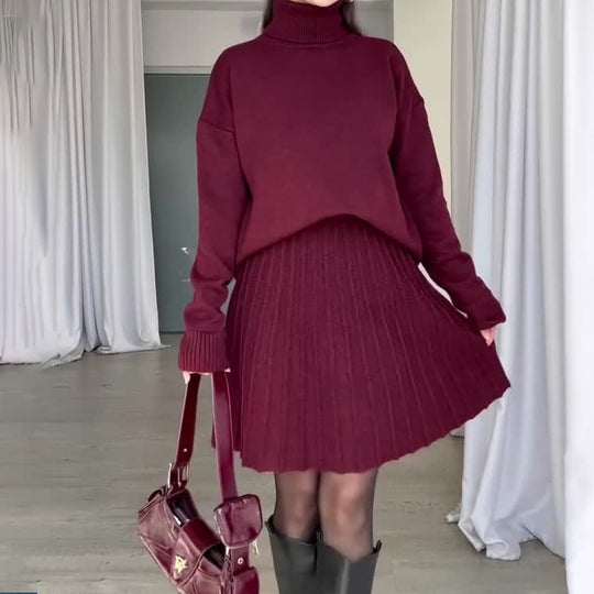 Damen Elegantes Strickensemble mit Rollkragen und fließendem Rock EB