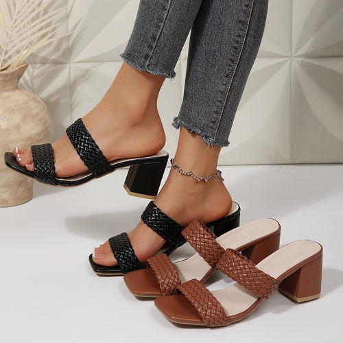 Damen Riemchen-Sandalen mit geflochtenem Riemendesign und bequemem Blockabsatz EB
