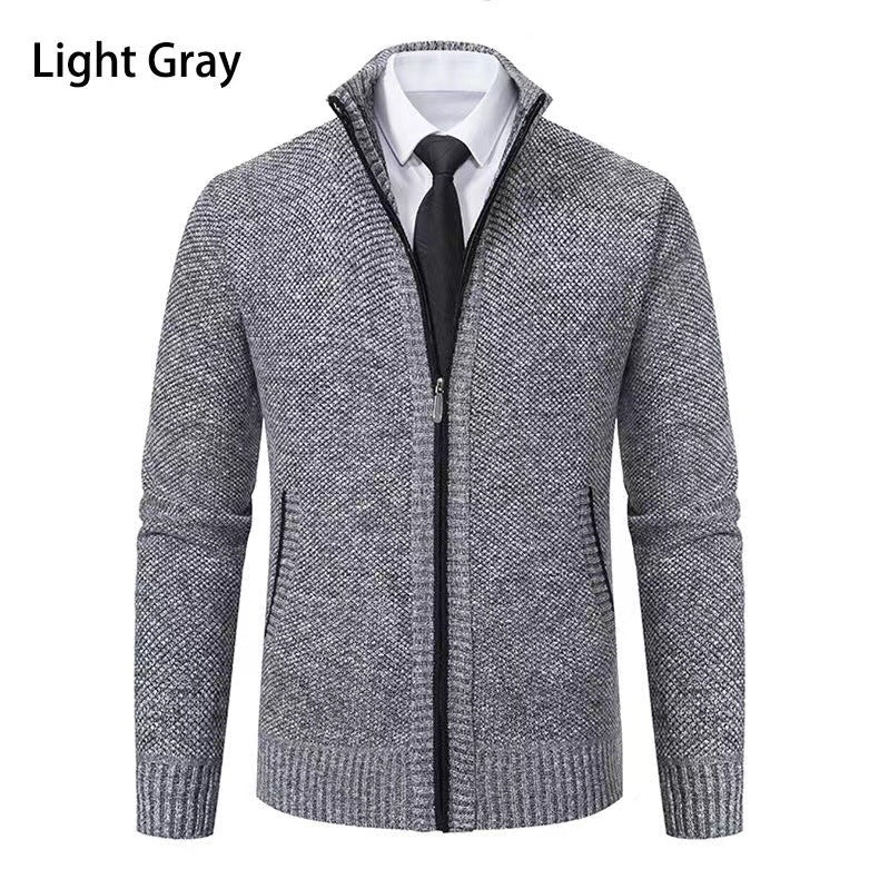 Herren nan melierte Strickzipjacke mit hohem Stehkragen, feiner Struktur und verdeckten Eingrifftaschen EB