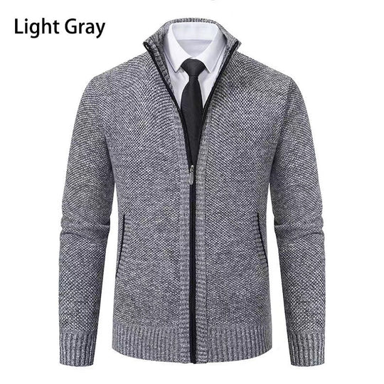 Herren nan melierte Strickzipjacke mit hohem Stehkragen, feiner Struktur und verdeckten Eingrifftaschen EB