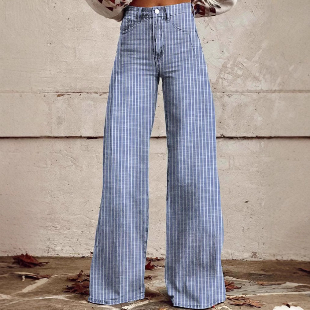 Damen nan weite Hose mit hohem Bund in Leinenoptik und vertikalen Nadelstreifen Schlaghose EB