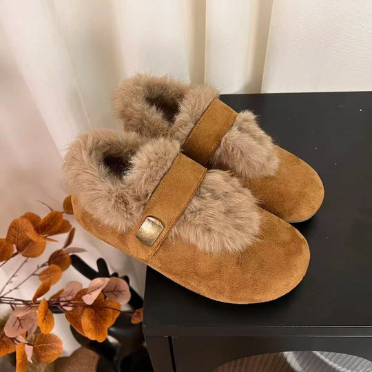 Damen Flauschige Filzhausschuhe mit hochwertigem Kunstfellkragen EB