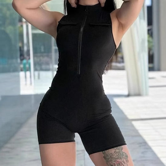 Damen Sportlicher Jumpsuit mit Reißverschluss und praktischen Taschen EB