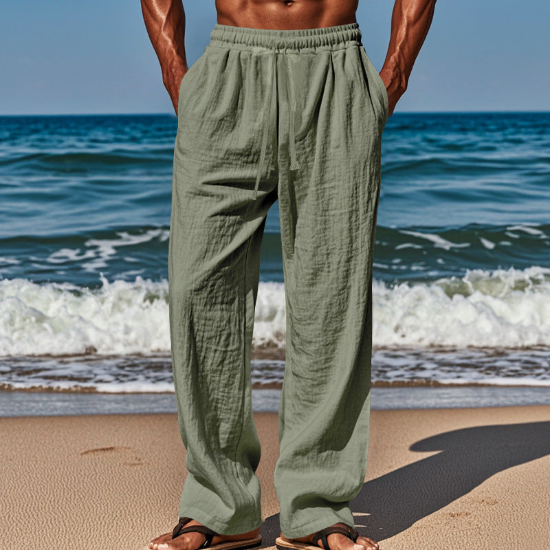 Herren Leichte Leinenhose mit weitem Schnitt, Elastikbund und Kordelzug EB