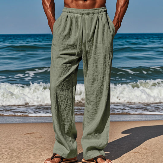 Herren Leichte Leinenhose mit weitem Schnitt, Elastikbund und Kordelzug EB