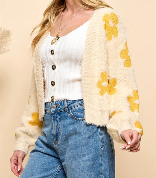 Damen Flauschiger Cardigan mit Blumenmuster EB
