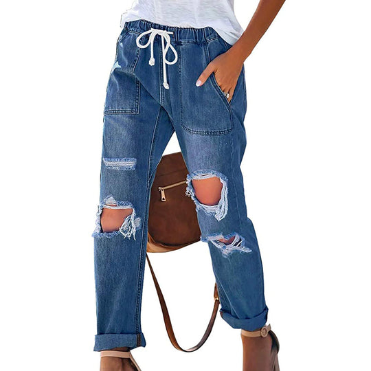 Damen nan lässige Destroyed-Denim-Jogger mit elastischem Kordelbund und aufgesetzten Fronttaschen EB