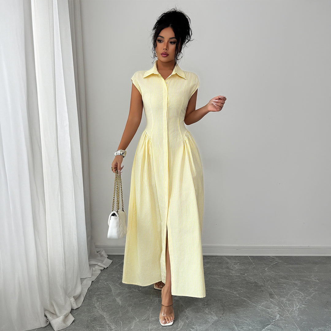 Damen Maxikleid mit klassischem Hemdblusen-Design und eleganten Falten EB