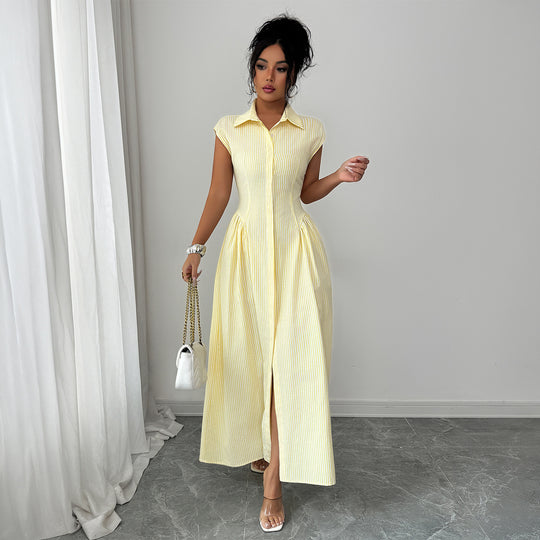 Damen Maxikleid mit klassischem Hemdblusen-Design und eleganten Falten EB