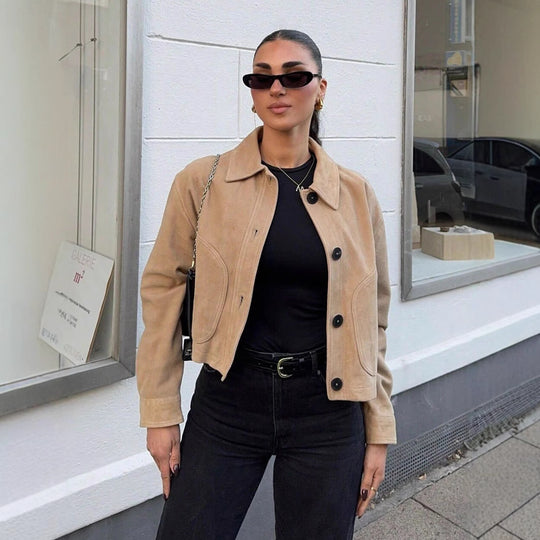 Damen cropped Jacke aus weichem Kunstleder mit seitlichen Eingrifftaschen EB