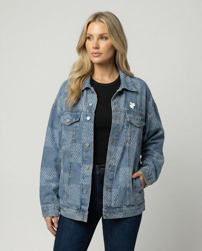 Damen Jeansjacke im Schachbrettmuster mit weit geschnittener Passform und urbaner Optik EB