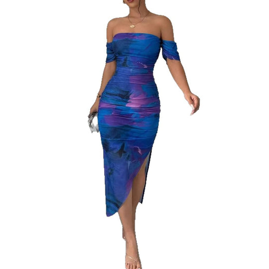 Damen Figurbetontes Midi-Kleid mit off-shoulder Design und elegantem Schlitz EB