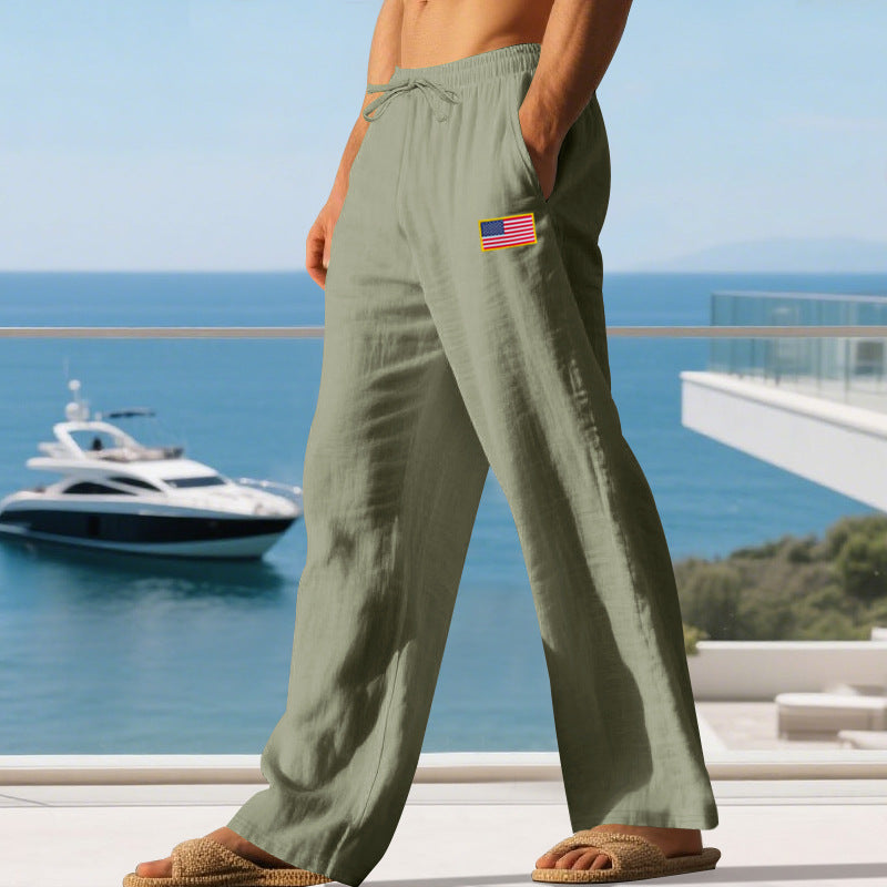 Herren Maritime Relaxed‑Fit Leinenoptik-Freizeithose mit Tunnelzug & Flaggen-Patch EB