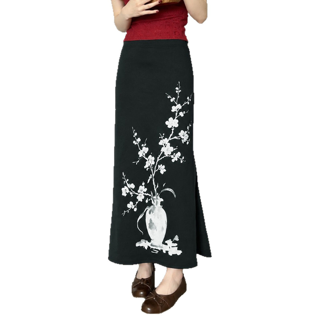 Damen nan ausgestellter Maxi-Rock mit A-Linien-Schnitt, elastischem Bund und floraler Aquarell-Vasen-Print EB
