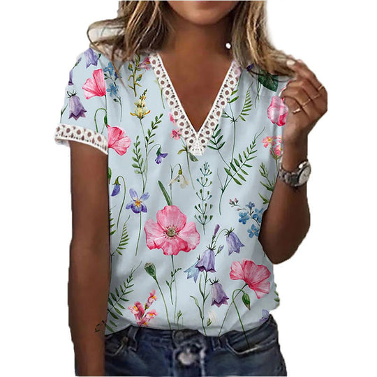 EB | Elegantes T-Shirt mit Kurzen Ärmeln und V-Ausschnitt Print für Damen