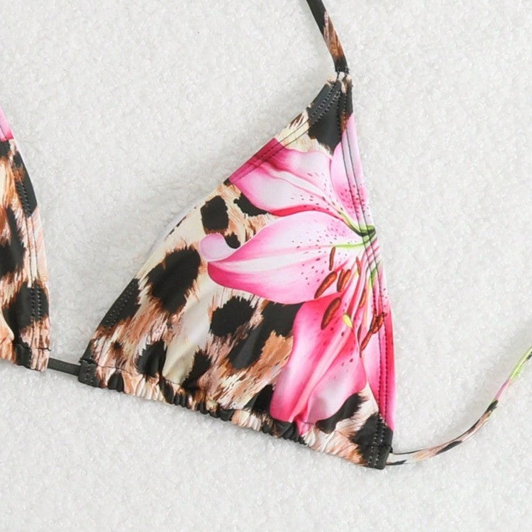 Damen Bikini-Set mit elegantem Leopardenmuster und verspielten Blumendetails EB