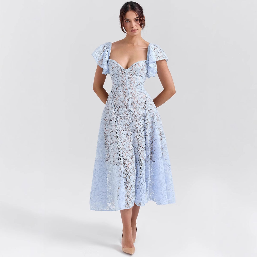 Damen Midikleid mit romantischer Spitzenstruktur und voluminösen Ärmeln EB