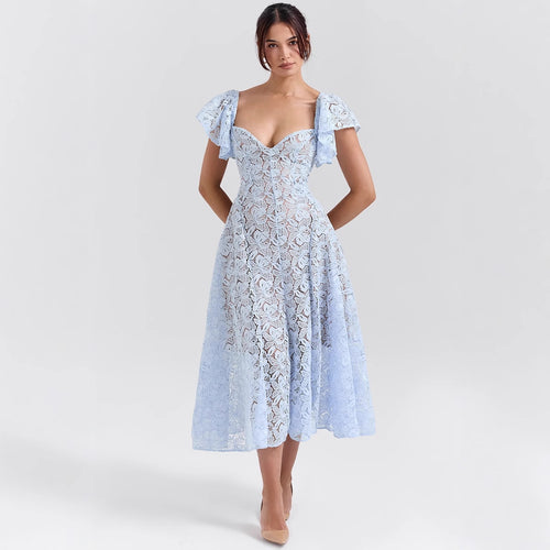 Damen Midikleid mit romantischer Spitzenstruktur und voluminösen Ärmeln EB
