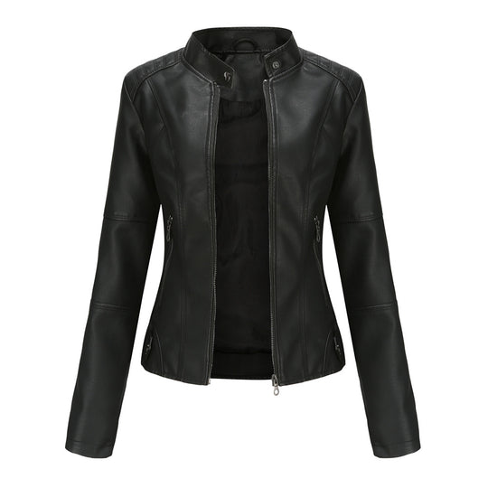 Damen nan schlanke Kunstlederjacke im Bikerstil mit Stehkragen und formenden Abnähern EB