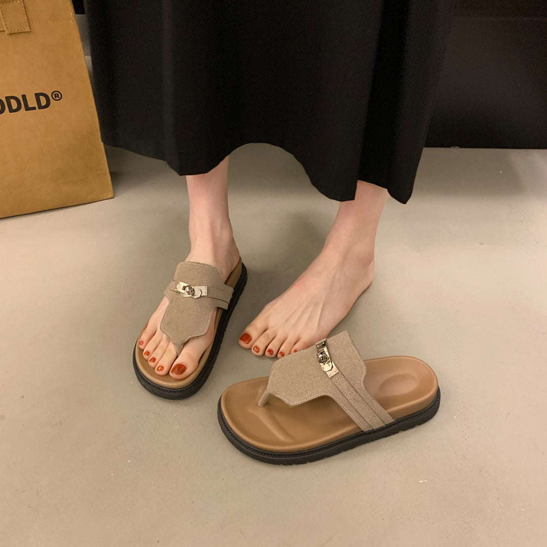 Damen Komfortable Zehentrenner-Sandalen mit ergonomischem Fußbett und dekorativer Schnalle EB
