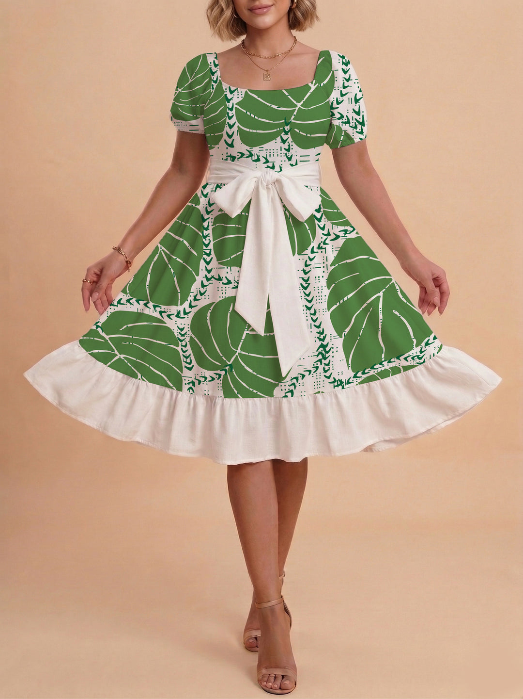 Damen A-Linien-Kleid mit floralen Motiven und taillierbarem Gürtel EB