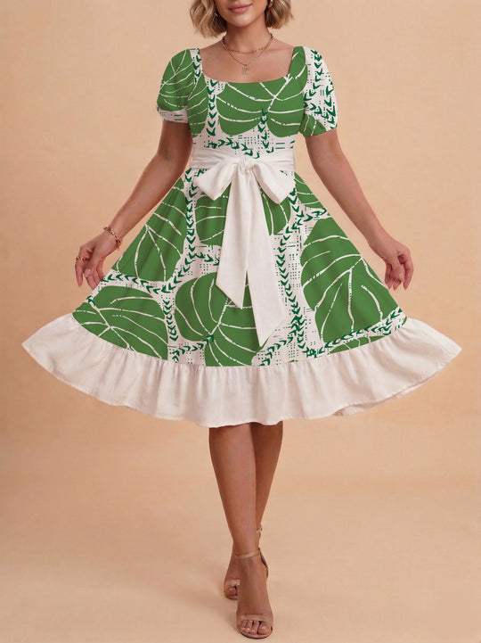 Damen A-Linien-Kleid mit floralen Motiven und taillierbarem Gürtel EB