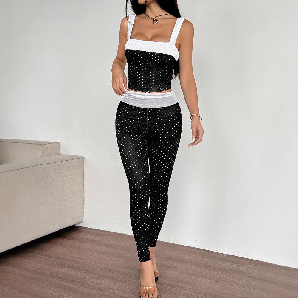 Damen Zweiteiliges Set mit gepunktetem Top und passender Hose EB