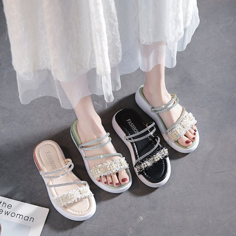 Damen modische Riemchen-Sandalen mit Perlenschmuck und gepolsterter Sohle EB