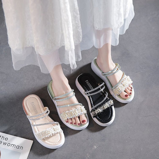 Damen modische Riemchen-Sandalen mit Perlenschmuck und gepolsterter Sohle EB