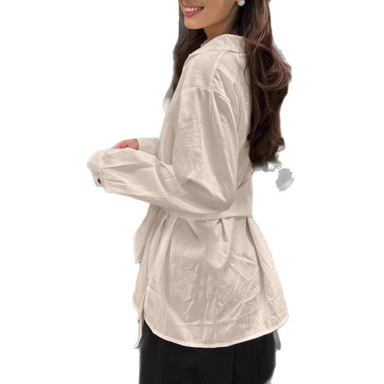 Damen Modische Bluse mit Bindegürtel und lässigem Schnitt EB