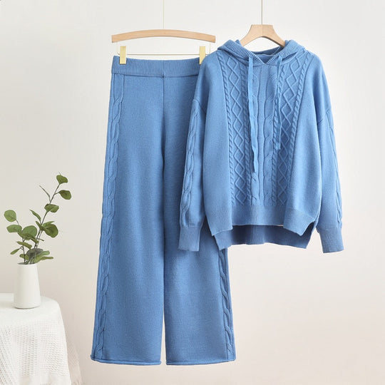 Damen lässiges Strick-Loungewear-Set mit Kapuze und breiten Beinen EB