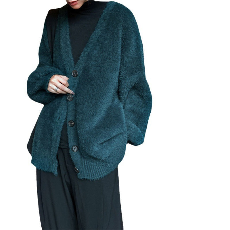 Damen Flauschiger Strickcardigan mit V-Ausschnitt und praktischen Knöpfen EB