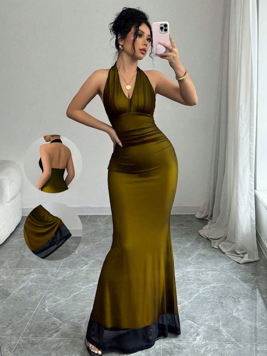 Damen Elegantes Maxikleid mit tiefem V-Ausschnitt und taillierendem Schnitt EB